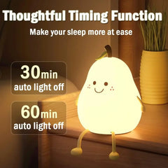 Lovely Mini Led Pear Silicone Lamp Pat Brightness Adjustment Soft Rechargeable Night Light for Kids