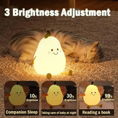 Lovely Mini Led Pear Silicone Lamp Pat Brightness Adjustment Soft Rechargeable Night Light for Kids