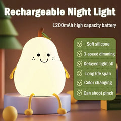 Lovely Mini Led Pear Silicone Lamp Pat Brightness Adjustment Soft Rechargeable Night Light for Kids